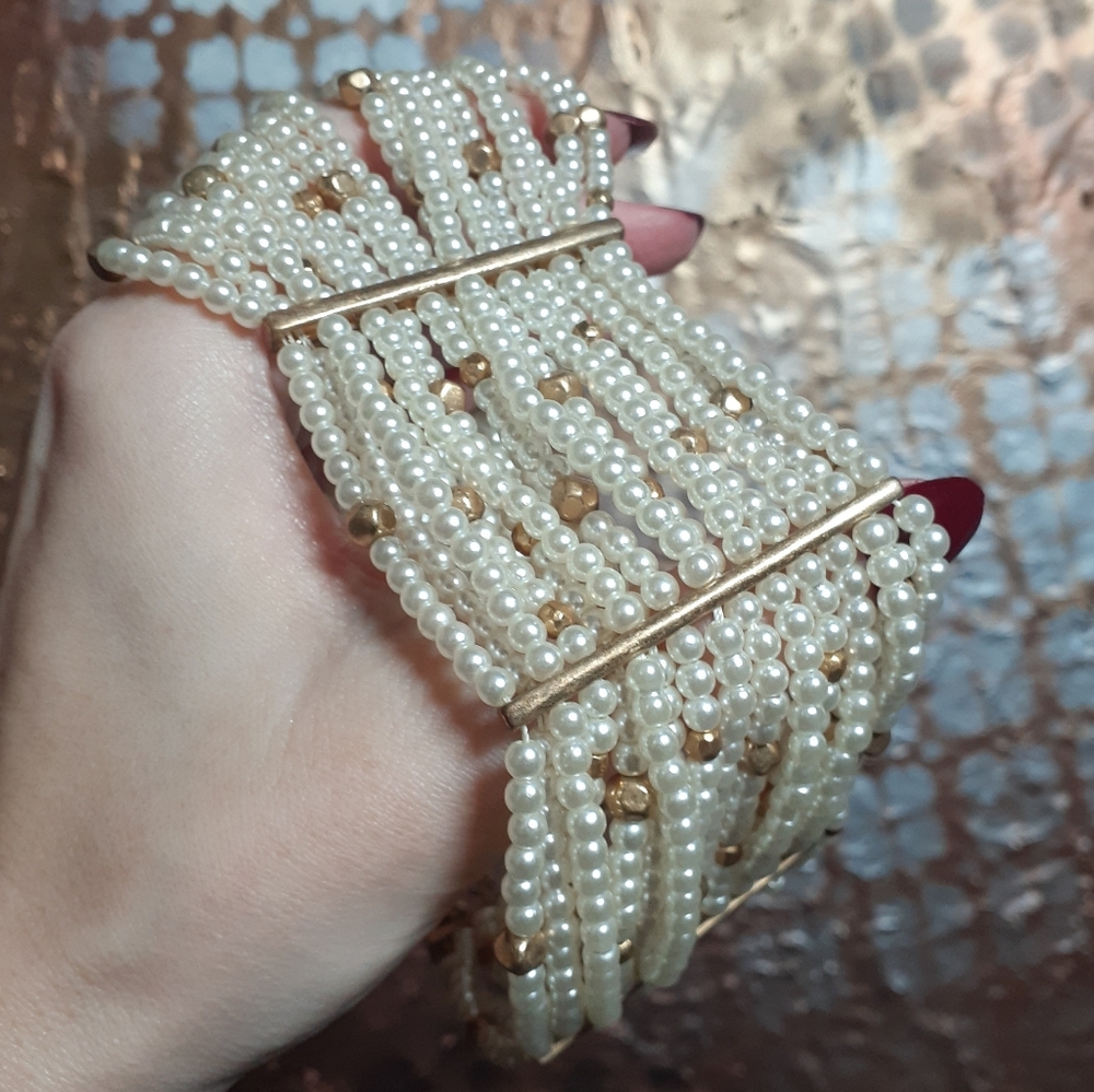 Zara Cream Pearl Multi-Row Choker with Gold Accents - Picture 10 of 14